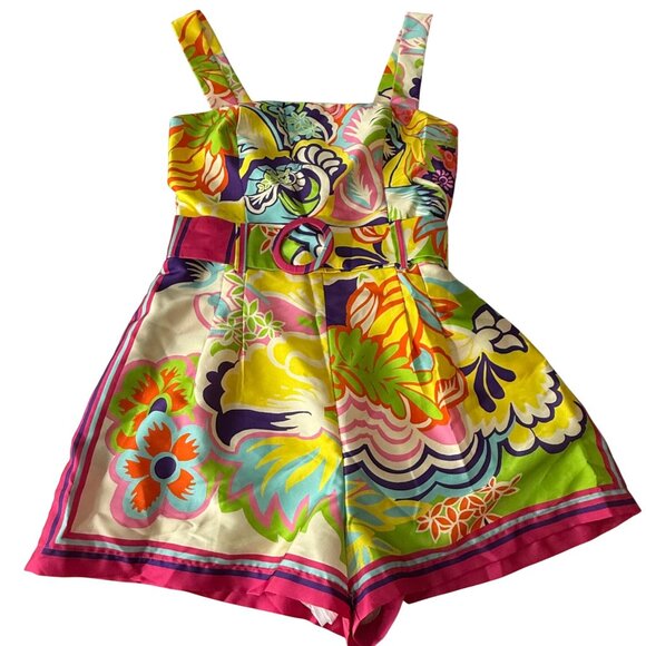 Lavender Brown Kendra Romper Pink Multi Floral Print Summer Outfit, S - Picture 2 of 15